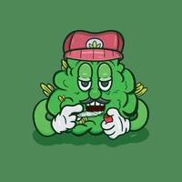 mascotte de dessin animé de bourgeon de mauvaises herbes avec une cigarette de mauvaises herbes. vecteur et illustration