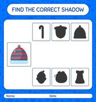 trouver le bon jeu d'ombres avec bonnet. feuille de travail pour les enfants d'âge préscolaire, feuille d'activité pour enfants vecteur