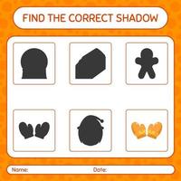 trouver le bon jeu d'ombres avec un gant. feuille de travail pour les enfants d'âge préscolaire, feuille d'activité pour enfants vecteur