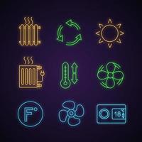 ensemble d'icônes de néon de climatisation. radiateurs, ventilation, soleil, climatisation, ventilateur d'extraction, fahrenheit, ventilateur, thermostat numérique. signes lumineux. illustrations vectorielles isolées vecteur