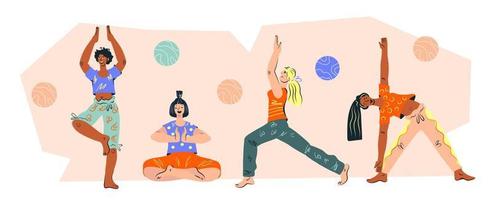 femmes pratiquant le yoga. cours de méditation et modèle de bannière de studio de yoga, illustration vectorielle plane isolée sur fond blanc.