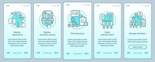 volontaires trouvant le modèle de vecteur d'écran de page d'application mobile d'intégration. aide humanitaire. étapes du site Web de la procédure pas à pas du programme de bénévolat avec des illustrations linéaires. concept d'interface de smartphone ux, ui, gui