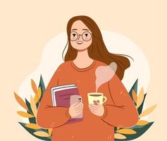 fille d'automne avec du thé et des livres. jeune femme isolée dans un pull. illustration vectorielle d'automne confortable vecteur