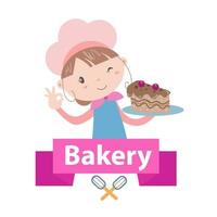 illustration vectorielle de boulangerie logo avec art de dessin animé jolie fille vecteur