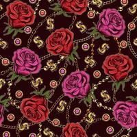 modèle sans couture avec roses vintage rouges et magenta, chaînes métalliques, signe dollar, strass sur fond sombre. illustration vectorielle.
