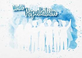 silhouette foule de personnes en personnage de dessin animé et style plat avec le nom de l'événement sur fond bleu aquarelle. campagne d'affiches de la journée mondiale de la population en conception vectorielle.