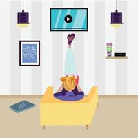 mode de vie hygge. fille regardant la télévision - illustration vectorielle vecteur