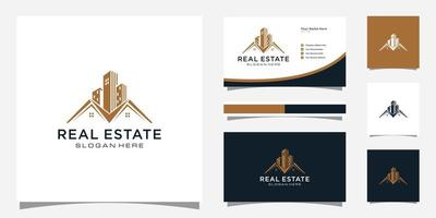 immobilier avec création de logo de bâtiment et de maison et carte de visite vecteur