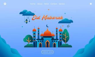 concept de voeux eid mubarak avec illustration de la mosquée pour le modèle de page de destination web, la bannière, la présentation, les médias sociaux et imprimés. illustration vectorielle de conception plate islamique eid fitr ou adha vecteur