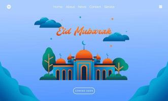 concept de voeux eid mubarak avec illustration de la mosquée pour le modèle de page de destination web, la bannière, la présentation, les médias sociaux et imprimés. illustration vectorielle de conception plate islamique eid fitr ou adha vecteur