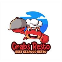 mascotte logo crabe tenant un plateau de nourriture cloche dessiné à la main pour un restaurant de fruits de mer vecteur