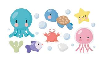 personnages de dessin animé de la mer. pieuvre mignonne, méduse, tortue de mer, étoile de mer, poisson, crabe. bon pour les invitations de baby shower, les cartes d'anniversaire, les autocollants, les impressions, etc. vecteur