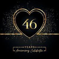 Célébration de l'anniversaire de 46 ans avec coeur d'or et paillettes d'or sur fond noir. conception de vecteur pour les voeux, fête d'anniversaire, mariage, fête d'événement. logo anniversaire 46 ans