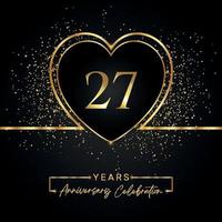 Célébration de l'anniversaire de 27 ans avec coeur d'or et paillettes d'or sur fond noir. conception de vecteur pour les voeux, fête d'anniversaire, mariage, fête d'événement. logo anniversaire 27 ans