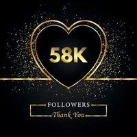 merci 58k ou 58 mille followers avec coeur et paillettes d'or isolés sur fond noir. modèle de carte de voeux pour les amis et les abonnés des réseaux sociaux. merci, followers, réussite. vecteur