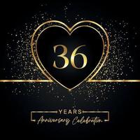 Célébration de l'anniversaire de 36 ans avec coeur d'or et paillettes d'or sur fond noir. conception de vecteur pour les voeux, fête d'anniversaire, mariage, fête d'événement. logo anniversaire 36 ans