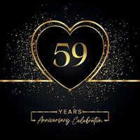 Célébration de l'anniversaire de 59 ans avec coeur d'or et paillettes d'or sur fond noir. conception de vecteur pour les voeux, fête d'anniversaire, mariage, fête d'événement. logo anniversaire 59 ans