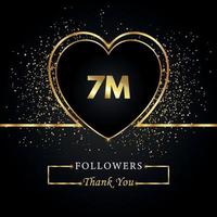 merci 7m ou 7 millions de followers avec coeur et paillettes d'or isolés sur fond noir. modèle de carte de voeux pour les amis et les abonnés des réseaux sociaux. merci, followers, réussite. vecteur