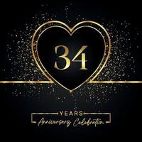 Célébration de l'anniversaire de 34 ans avec coeur d'or et paillettes d'or sur fond noir. conception de vecteur pour les voeux, fête d'anniversaire, mariage, fête d'événement. logo anniversaire 34 ans