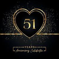 Célébration de 51 ans avec coeur d'or et paillettes d'or sur fond noir. conception de vecteur pour les voeux, fête d'anniversaire, mariage, fête d'événement. logo anniversaire 51 ans