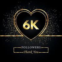 merci 6k ou 6 mille followers avec coeur et paillettes d'or isolés sur fond noir. modèle de carte de voeux pour les amis et les abonnés des réseaux sociaux. merci, followers, réussite. vecteur