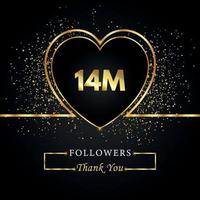 merci 14m ou 14 millions de followers avec coeur et paillettes d'or isolés sur fond noir. modèle de carte de voeux pour les amis et les abonnés des réseaux sociaux. merci, followers, réussite. vecteur