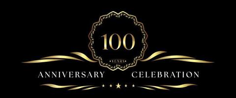 Célébration du 100e anniversaire avec cadre décoratif doré isolé sur fond noir. création vectorielle pour carte de voeux, fête d'anniversaire, mariage, fête d'événement, cérémonie. Logo anniversaire 100 ans. vecteur