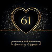 Célébration du 61e anniversaire avec coeur d'or et paillettes d'or sur fond noir. conception de vecteur pour les voeux, fête d'anniversaire, mariage, fête d'événement. logo anniversaire 61 ans