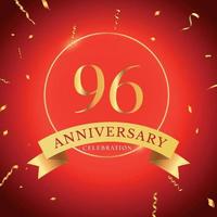 Célébration du 96e anniversaire avec cadre doré et confettis dorés isolés sur fond rouge. création vectorielle pour carte de voeux, fête d'anniversaire, mariage, fête d'événement. Logo anniversaire 96 ans. vecteur