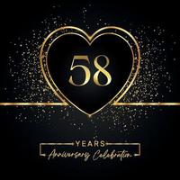 Célébration de l'anniversaire de 58 ans avec coeur d'or et paillettes d'or sur fond noir. conception de vecteur pour les voeux, fête d'anniversaire, mariage, fête d'événement. logo anniversaire 58 ans