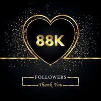 merci 88k ou 88 mille followers avec coeur et paillettes d'or isolés sur fond noir. modèle de carte de voeux pour les amis et les abonnés des réseaux sociaux. merci, followers, réussite. vecteur