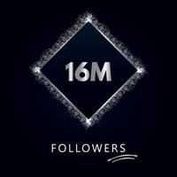 16m avec paillettes argentées isolées sur fond bleu marine. modèle de carte de voeux pour les réseaux sociaux, les abonnés, les célébrations, les amis et les abonnés. 16 millions de followers vecteur