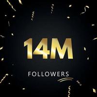 14 millions ou 14 millions de followers avec des confettis dorés isolés sur fond noir. modèle de carte de voeux pour les amis et les abonnés des réseaux sociaux. merci, followers, réussite. vecteur