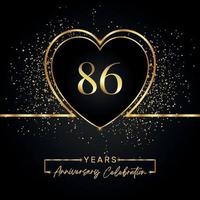 Célébration de l'anniversaire de 86 ans avec coeur d'or et paillettes d'or sur fond noir. conception de vecteur pour les voeux, fête d'anniversaire, mariage, fête d'événement. logo anniversaire 86 ans