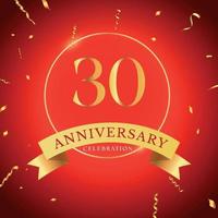Célébration du 30e anniversaire avec cadre doré et confettis dorés isolés sur fond rouge. création vectorielle pour carte de voeux, fête d'anniversaire, mariage, fête d'événement. Logo anniversaire 30 ans. vecteur