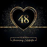 Célébration de l'anniversaire de 48 ans avec coeur d'or et paillettes d'or sur fond noir. conception de vecteur pour les voeux, fête d'anniversaire, mariage, fête d'événement. logo anniversaire 48 ans