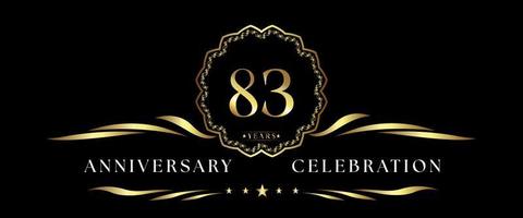 Célébration de l'anniversaire de 83 ans avec cadre décoratif doré isolé sur fond noir. création vectorielle pour carte de voeux, fête d'anniversaire, mariage, fête d'événement, cérémonie. Logo anniversaire 83 ans. vecteur