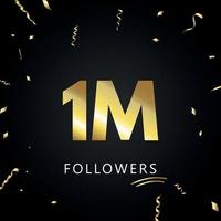 1m ou 1 million de followers avec des confettis dorés isolés sur fond noir. modèle de carte de voeux pour les amis et les abonnés des réseaux sociaux. merci, followers, réussite. vecteur