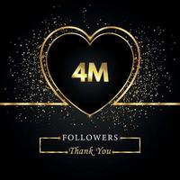 merci 4m ou 4 millions de followers avec coeur et paillettes d'or isolés sur fond noir. modèle de carte de voeux pour les amis et les abonnés des réseaux sociaux. merci, followers, réussite. vecteur