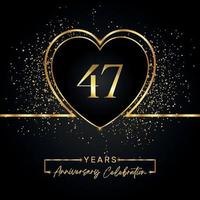 Célébration de l'anniversaire de 47 ans avec coeur d'or et paillettes d'or sur fond noir. conception de vecteur pour les voeux, fête d'anniversaire, mariage, fête d'événement. logo anniversaire 47 ans