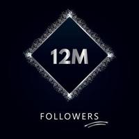 12m avec paillettes argentées isolées sur fond bleu marine. modèle de carte de voeux pour les réseaux sociaux, les abonnés, les célébrations, les amis et les abonnés. 12 millions de followers vecteur