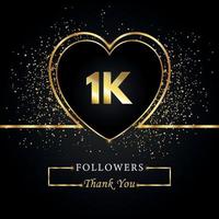 merci 1k ou 1 mille followers avec coeur et paillettes d'or isolés sur fond noir. modèle de carte de voeux pour les amis et les abonnés des réseaux sociaux. merci, followers, réussite. vecteur