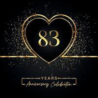 Anniversaire de 83 ans avec coeur d'or et paillettes d'or sur fond noir. conception de vecteur pour les voeux, fête d'anniversaire, mariage, fête d'événement. logo anniversaire 83 ans