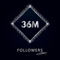 36m avec paillettes argentées isolées sur fond bleu marine. modèle de carte de voeux pour les réseaux sociaux, les abonnés, les célébrations, les amis et les abonnés. 36 millions de followers vecteur