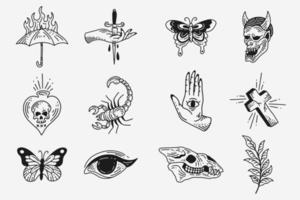 ensemble collection mystique céleste sombre saint simple minimalisme tatouage clipart symbole espace griffonnage ésotérique éléments vintage illustration vecteur