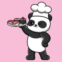 mignon chef panda tenant illustration d'icône de vecteur de dessin animé de sushi. concept d'icône d'aliments pour animaux isolé vecteur premium.