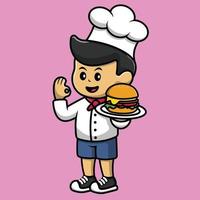 chef mignon avec illustration d'icône de vecteur de dessin animé de burger. concept d'icône de nourriture de personnes isolé vecteur premium.