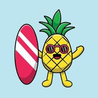 ananas mignon avec illustration d'icône de vecteur de dessin animé de planche de surf. concept d'icône de fruits d'été isolé vecteur premium.