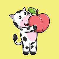 vache mignonne tenant illustration d'icône de vecteur de dessin animé de fruits de pêche. concept d'icône de fruit animal isolé vecteur premium.