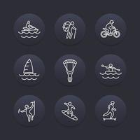 icônes de ligne d'activités de plein air extrêmes, pictogrammes sombres, illustration vectorielle vecteur